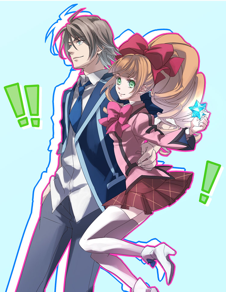 1girl, aiba_ruri, blue_eyes, brown_hair, drill_hair, enoki, gem, green_eyes, hair_ribbon, high_heels, necktie, orange_hair, ribbon, sacred_seven, school_uniform, shoes, tandouji_alma, white_legwear