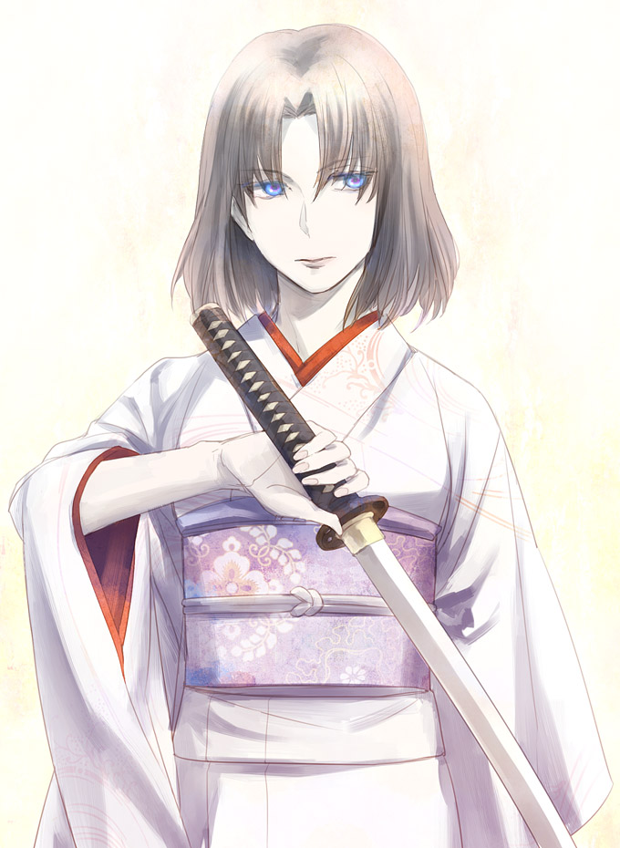 brown_hair, enoki, japanese_clothes, kara_no_kyoukai, katana, kimono, multicolored_eyes, obi, pink_eyes, ryougi_shiki, short_hair, solo, sword, weapon