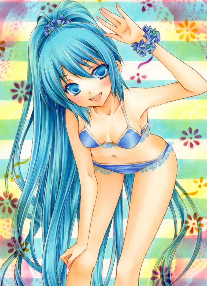 1girl, aqua_eyes, aqua_hair, bikini, blush, hatsune_miku, leaning_forward, long_hair