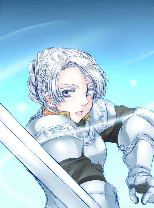 armor, blue_background, blue_eyes, braid, chris_lightfellow, colored_eyelashes, female, gauntlets