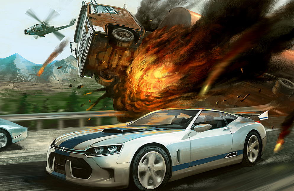 debris, explosion, fire, guard_rail, helicopter, motion_blur, motor_vehicle, mountain, noba, road, smoke, stuntman:_ignition, tank_truck, truck, vehicle