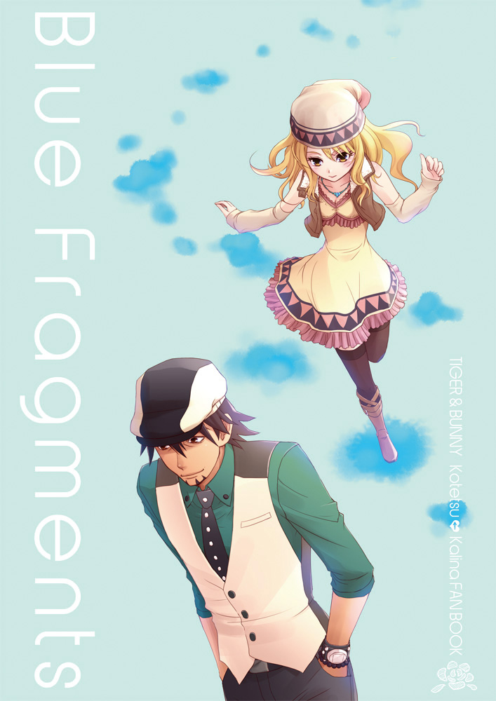 1girl, bare_shoulders, beanie, blonde_hair, bracelet, brown_eyes, brown_hair, brown_legwear, cabbie_hat, detached_sleeves, dress, hat, jewelry, kaburagi_t_kotetsu, karina_lyle, kuromaro, long_hair, necktie, short_hair, thigh-highs, thighhighs, tiger_&amp;_bunny, vest, waistcoat, watch, wristwatch