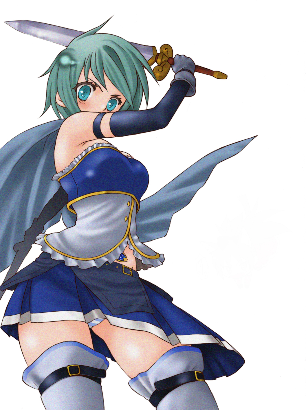 armband, blue_eyes, blue_hair, cape, dual_wielding, gloves, highres, magical_girl