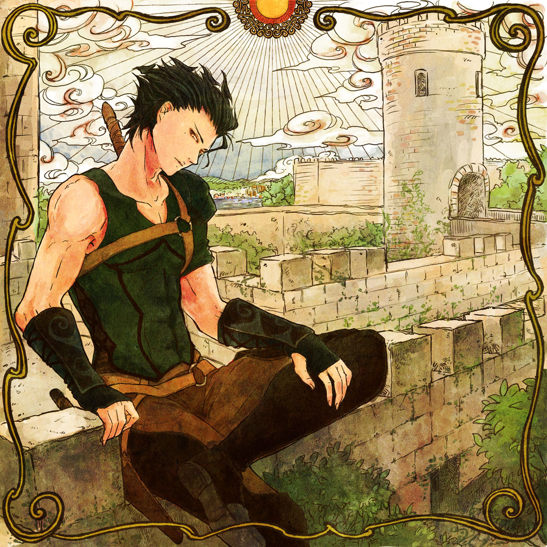 black_hair, castle, crossed_legs, fate/stay_night, fate/zero, fate_(series), lancer_(fate/zero), legs_crossed, male, polearm, short_hair, sitting, solo, spear, teito_(yukitoki-tatsuhi), weapon, yukitoki-tatsuhi