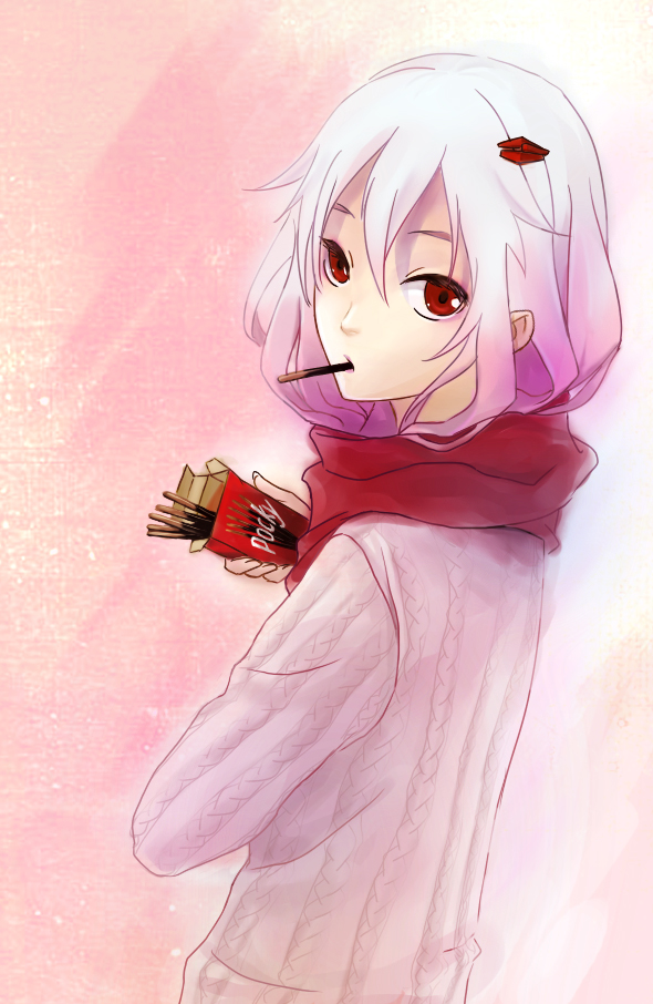 cookie_ex, eating, food, guilty_crown, hair_ornament, hairclip, long_hair, pink_hair, pocky, red_eyes, scarf, solo, sweater, yuzuriha_inori