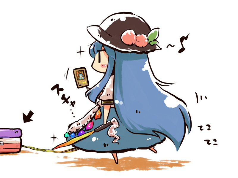 cellphone, cellphone_strap, chibi, food, fruit, hat, hinanawi_tenshi, holding