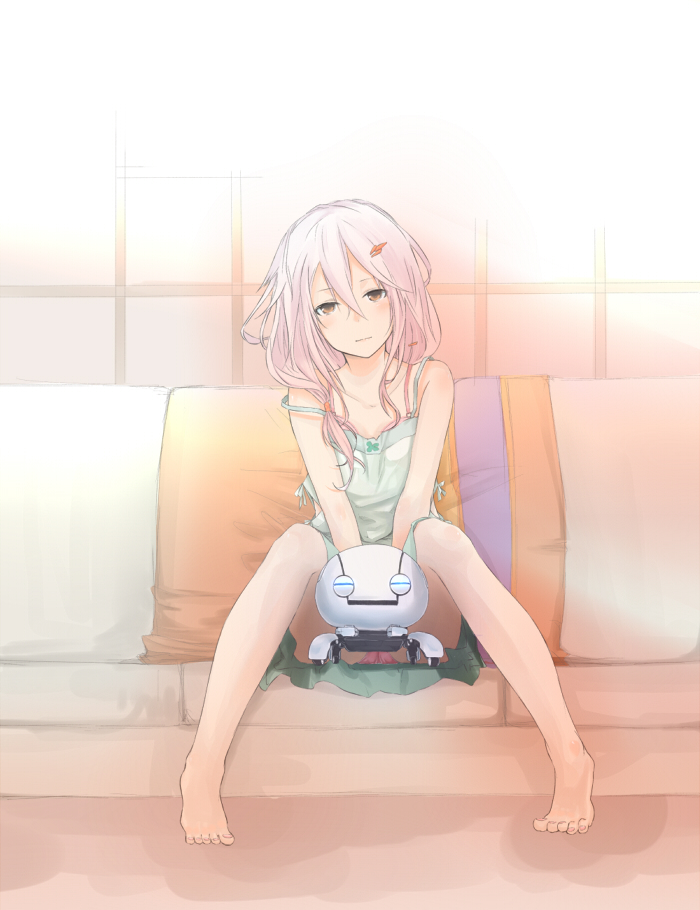 barefoot, blush, dress, guilty_crown, hair_ornament, hairclip, hope_yakisoba, long_hair, off_shoulder, panties, pantyshot, pantyshot_(sitting), pantyshot_sitting, pink_hair, robot, sitting, smile, solo, underwear, yuzuriha_inori