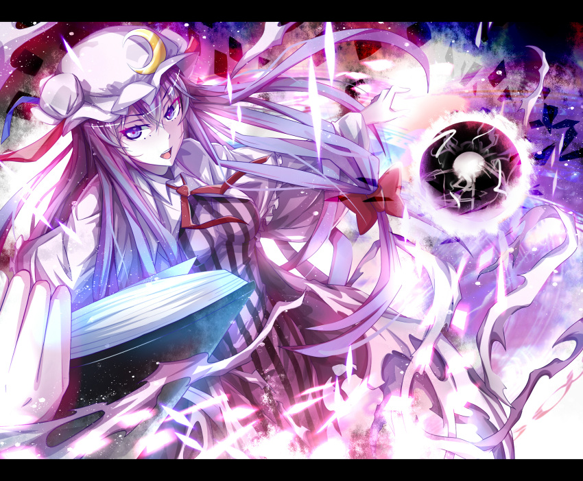 book, crescent, hat, highres, open_mouth, paparins, patchouli_knowledge, purple_eyes