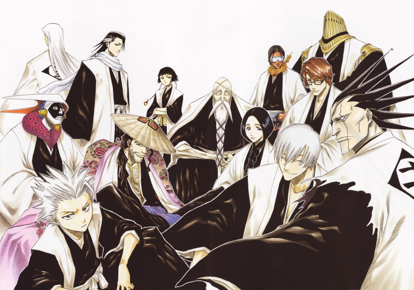 6+boys, absurdres, aizen_sousuke, annotated, annoyed, bald, beard, black_hair