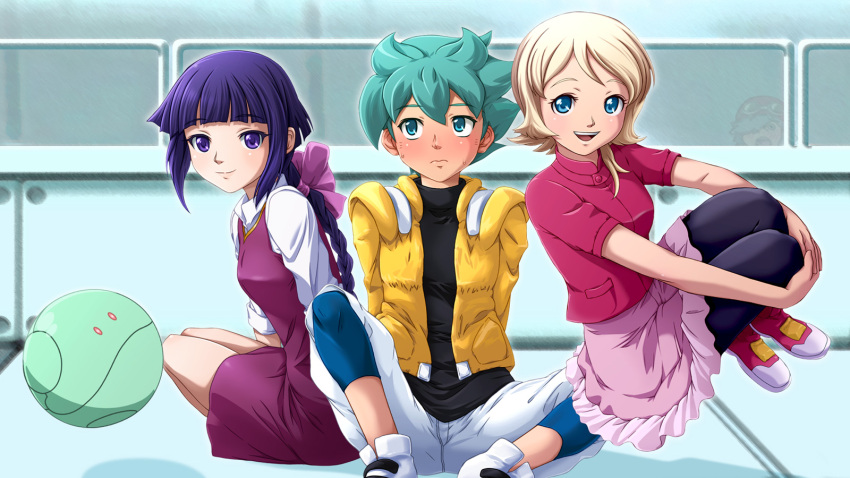 2boys, aqua_eyes, aqua_hair, blonde_hair, blue_eyes, blush, bow, braid