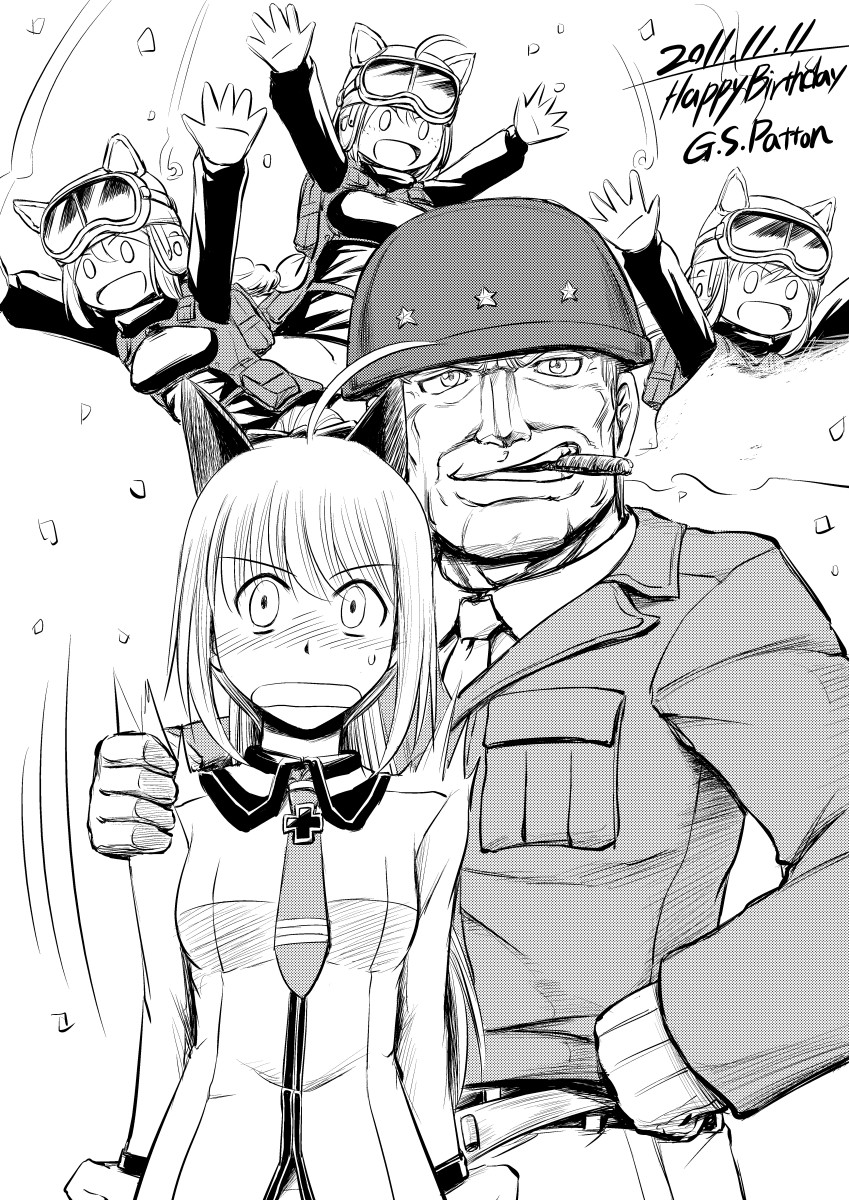 abigail_(strike_witches), animal_ears, arms_up, bag, charlotte_(strike_witches), cigar, fling, george_s_patton, grin, hand_on_hip, hand_on_shoulder, helmet, highres, hips, iijima_takatoshi, iijimatakatoshi, male, marilyn_(strike_witches), military, military_uniform, monochrome, mouth_hold, multiple_girls, open_mouth, patricia_(strike_witches), smile, strike_witches, uniform