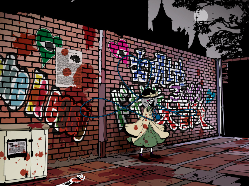 artist_request, blood, blush, brick_wall, church, cross, death, english, graffiti, grafitti, green_eyes, grey_hair, hands, hat, heart, highres, koishi_adventure, komeiji_koishi, long_hair, moon, night, pale_skin, saburo0322, sharp_teeth, smile, solo, third_eye, touhou, translation_request, when_you_see_it, white_hair, white_skin