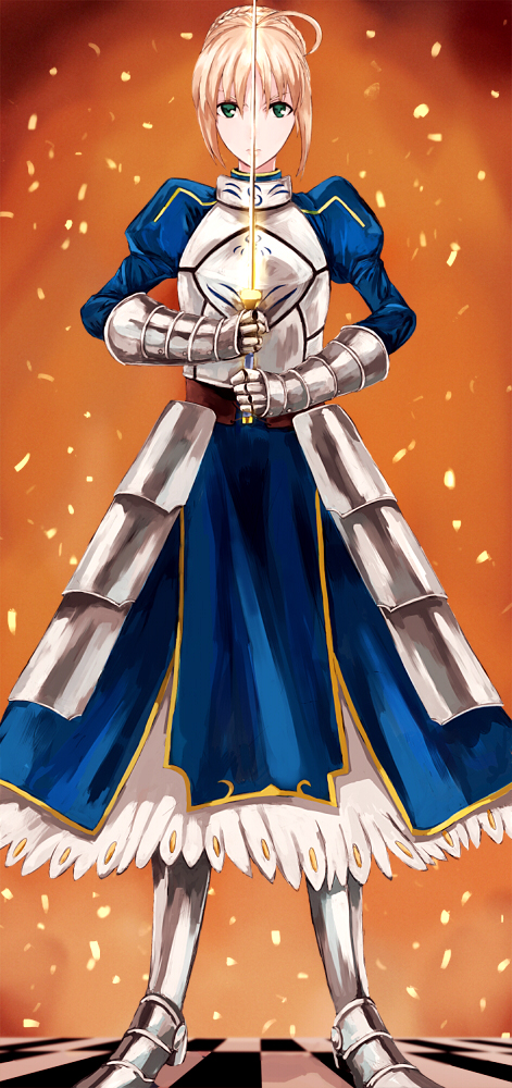 ahoge, armor, armored_dress, blonde_hair, dress, excalibur, fate/stay_night, fate_(series)