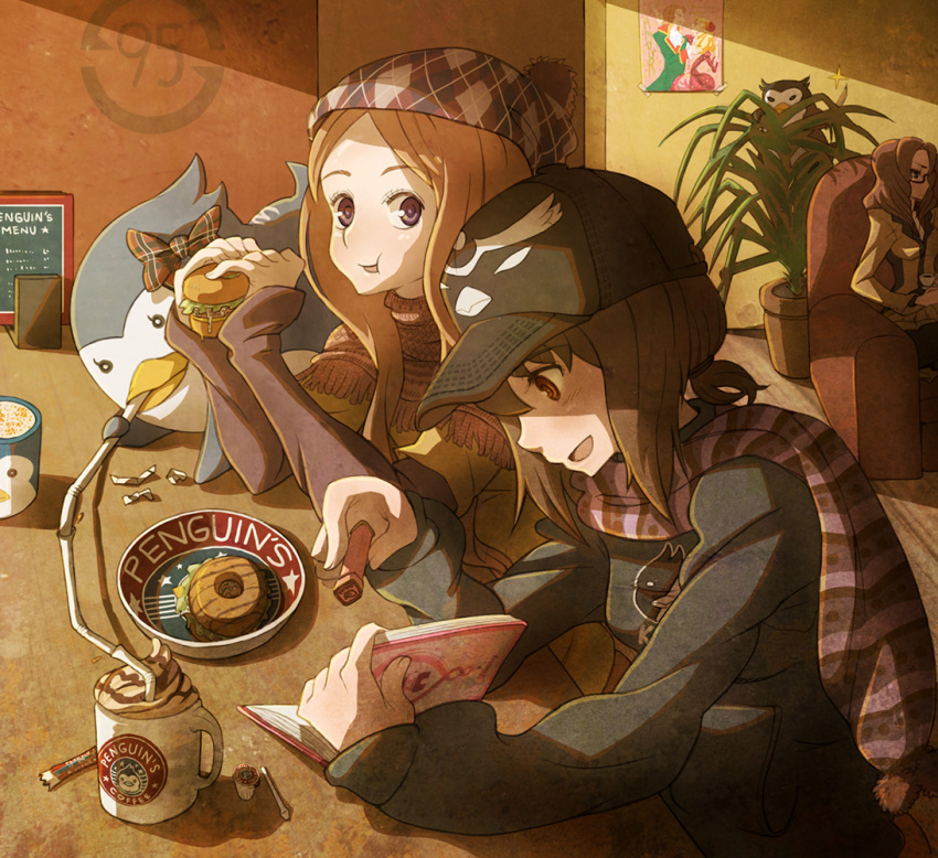 bird, bob_cut, brown_eyes, brown_hair, coffee_mug, diary, esmeralda_(mawaru_penguindrum), food