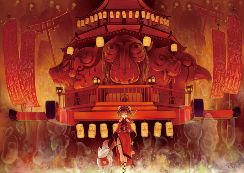 banner, brown_hair, bun_cover, closed_eyes, dog, double_bun, dress, east_asian_architecture
