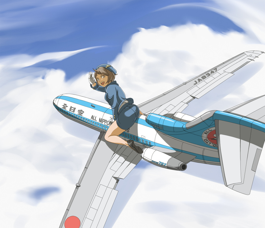 all_nippon_airways, boeing_727, chanpii, cloud, flying, giantess, gloves, hat
