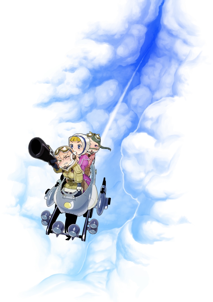 blonde_hair, bomber_jacket, bonnet, brown_hair, chibi, cloud, fam_fan_fan, flare_gun