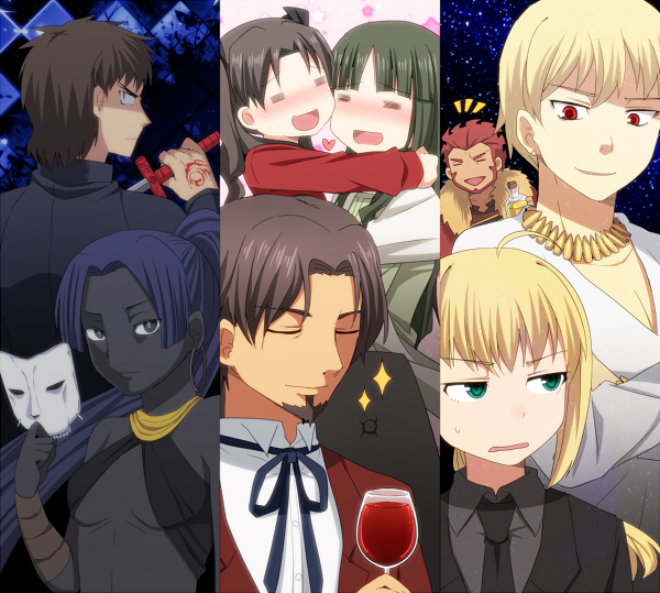 4girls, :d, =_=, age_difference, assassin_(fate/zero), beard, black_key, black_keys