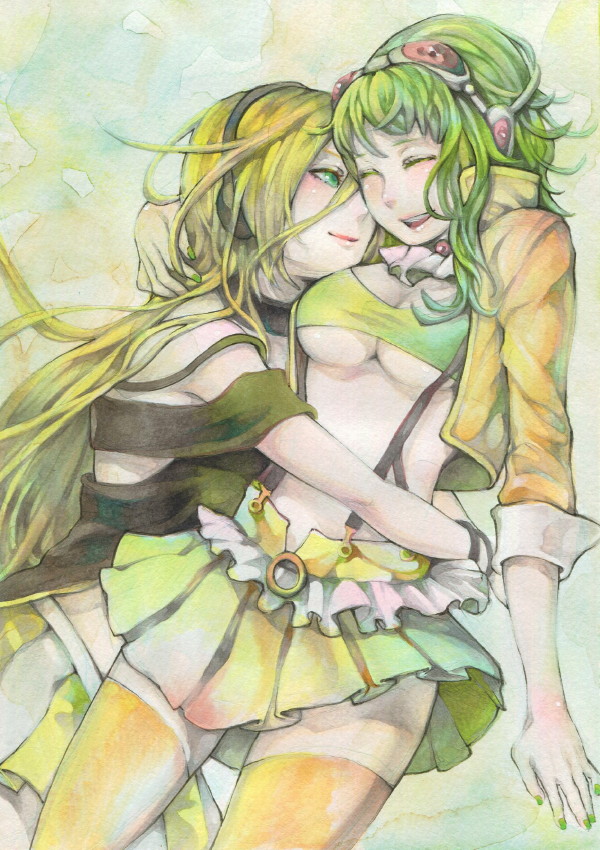blonde_hair, breasts, goggles, goggles_on_head, green_eyes, green_hair, gumi, happy