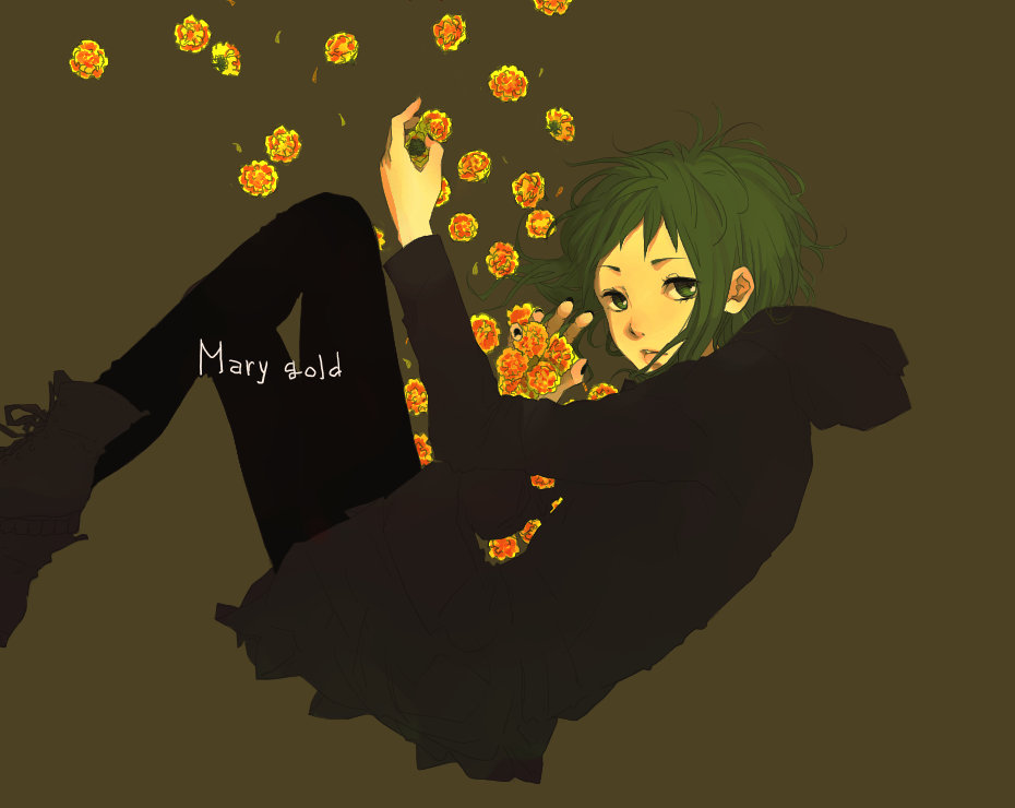 black_legwear, flower, green_eyes, green_hair, gumi, hoodie, marigold, marygold_(vocaloid)