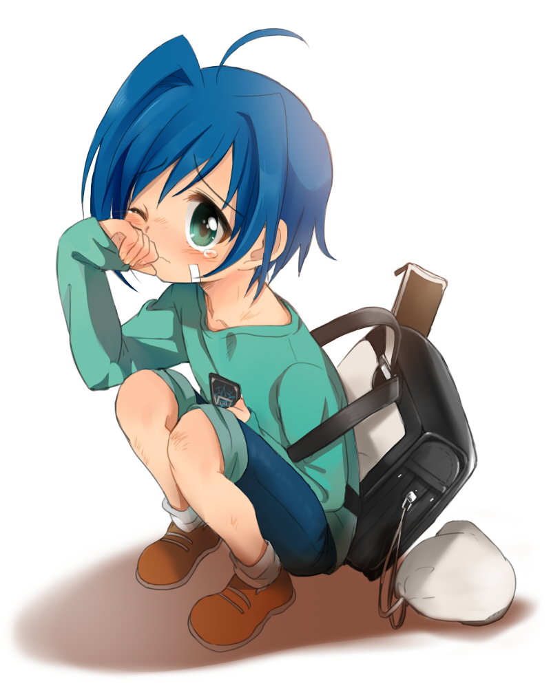 ahoge, backpack, bad_id, bag, black_card, blue_eyes, blue_hair, blush