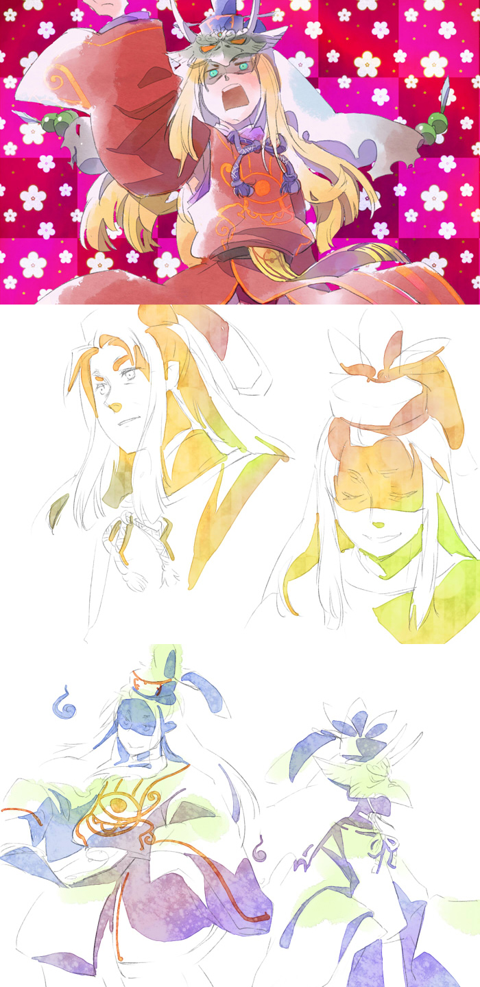 blue_eyes, hamachi-kuchiba, highres, japanese_clothes, long_hair, mask, okami, okamiden, ookami_(game), ookamiden, open_mouth, smile, sugawara_michizane