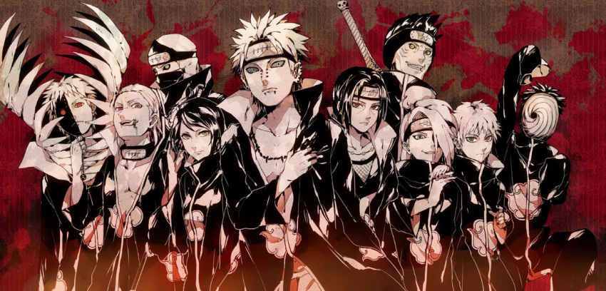 6+boys, akatsuki_(naruto), amegakure_symbol, deidara, flower, forehead_protector, green_eyes, grin