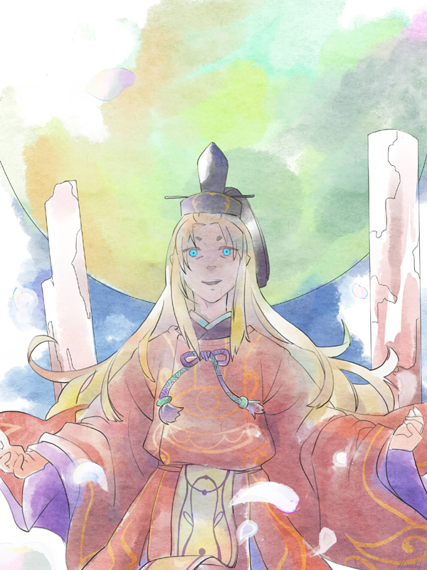 full_moon, hamachi-kuchiba, japanese_clothes, long_hair, moon, okami, okamiden, ookami_(game), ookamiden, open_mouth, smile, sugawara_michizane