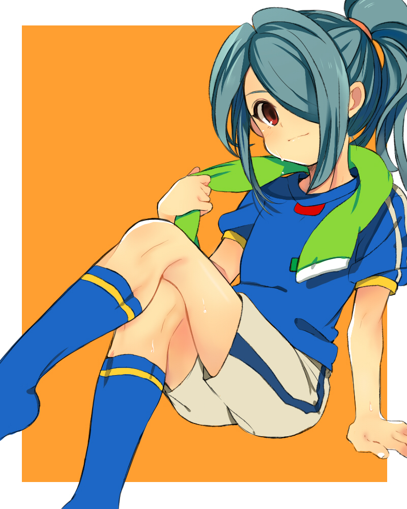 blue_hair, caterpillar_(artist), crossed_legs, footwear, hair_over_one_eye, inazuma_eleven, inazuma_eleven_(series), inazuma_japan