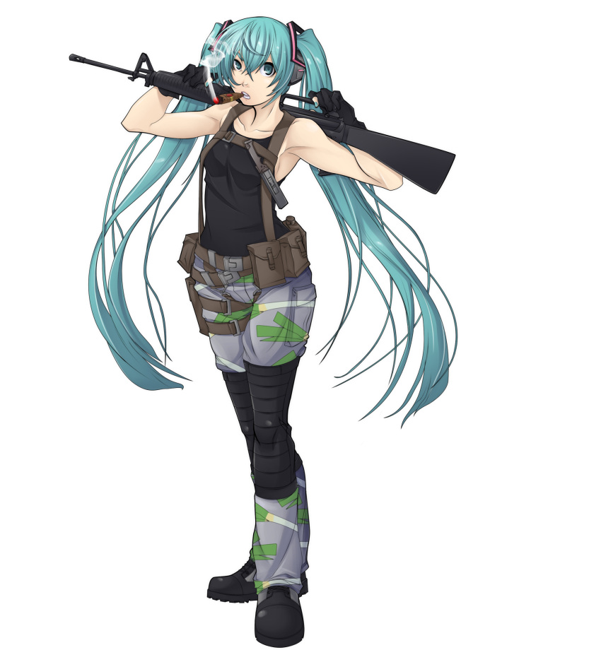 aqua_hair, armpits, arms_up, assault_rifle, boots, cigar, fingerless_gloves, gloves