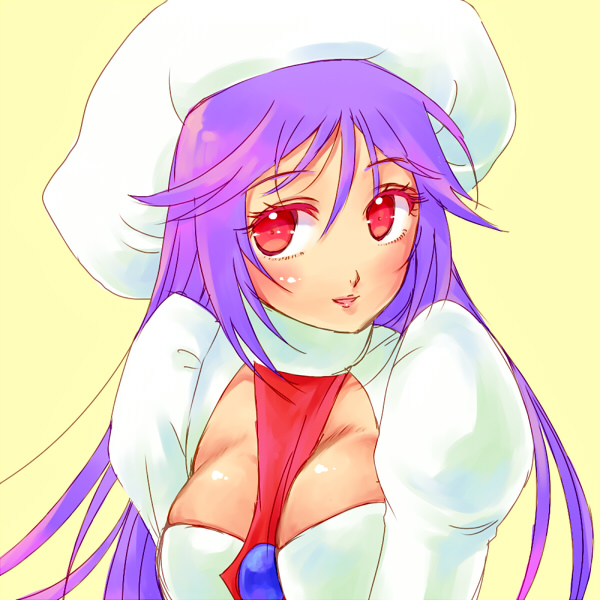 atwight_eks, blush, breasts, hat, long_hair, purple_hair, red_eyes, solo