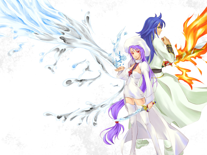 1girl, atwight_eks, back-to-back, blue_hair, blue_rose, dymlos_timber, flower, green_eyes