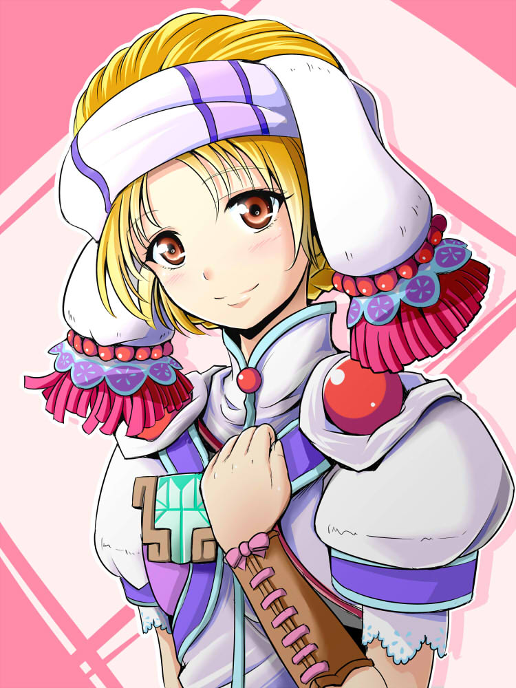 blonde_hair, brown_eyes, elena_(grandia), grandia, grandia_ii, hand_on_own_chest, hand_to_chest, head_scarf, puffy_sleeves, reki_48, short_hair, smile, solo, wrist_cuffs