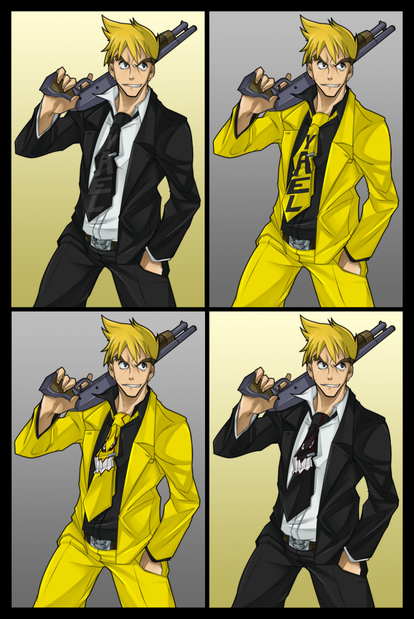 1boy, blond, blonde_hair, eyebrows, formal, gun, highres, jacket