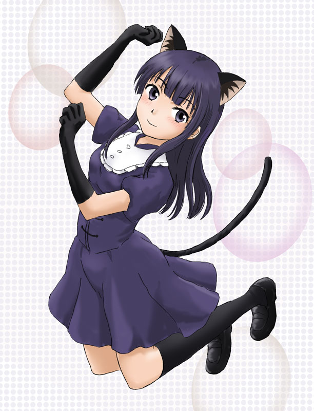 animal_ears, black_gloves, black_hair, blue_eyes, blush, cat_ears, cat_tail, dress