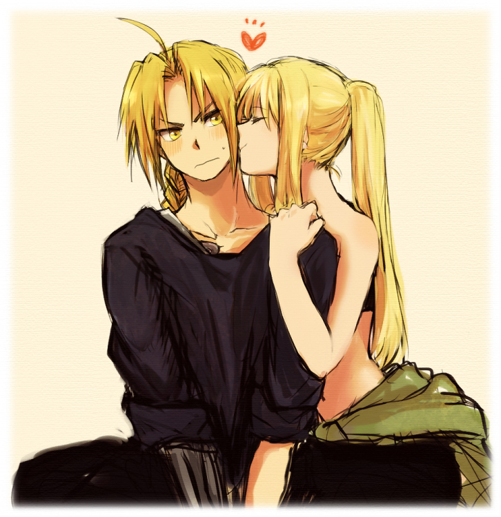 1girl, ahoge, bandeau, bare_shoulders, blonde_hair, blush, braid, cheek_kiss