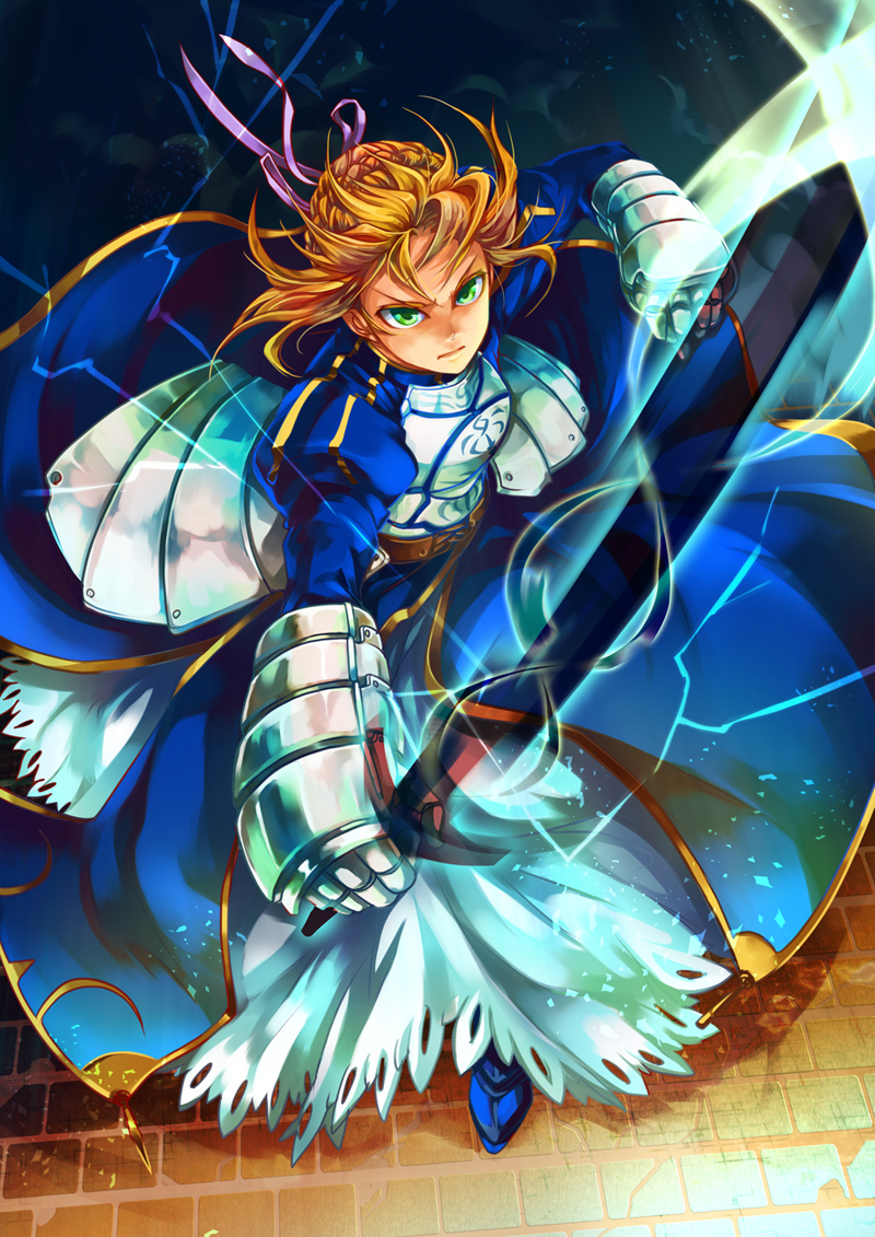 ahoge, armor, armored_dress, blonde_hair, dress, e-boris, excalibur, fate/stay_night, fate_(series), faulds, gauntlets, green_eyes, hair_ribbon, invisible_air, ribbon, saber, solo, sword, weapon