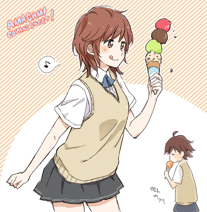 amagami, face, food, ice_cream, itou_kanae_(amagami), messy_hair, musical_note, peg