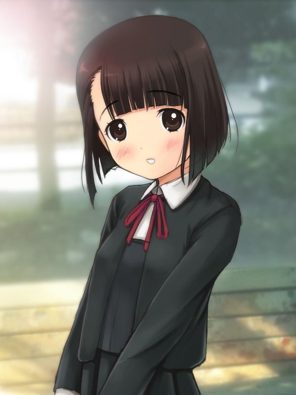 blush, brown_eyes, brown_hair, open_mouth, ryunnu, sakurada_maon, school_uniform, short_hair