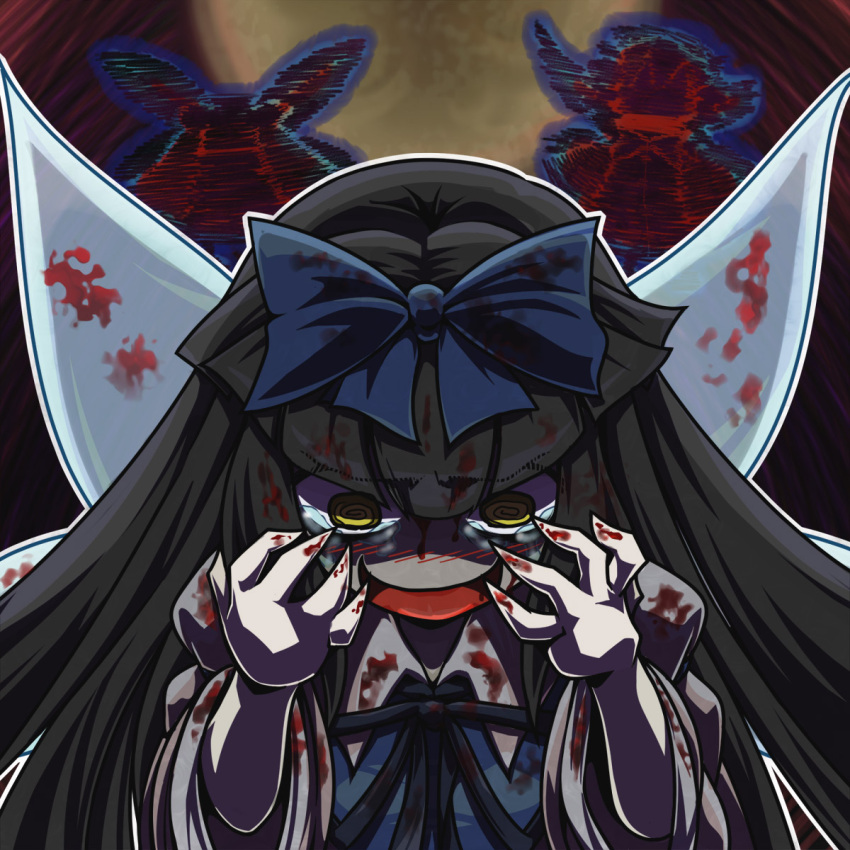 black_hair, blood, bow, crazy, fairy, hair_bow, highres, koishi_adventure, long_hair, luna_child, luna_star, monopollian, monopollyan, moon, multiple_girls, pale_skin, star_sapphire, sunny_milk, tears, touhou, white_skin, yellow_eyes