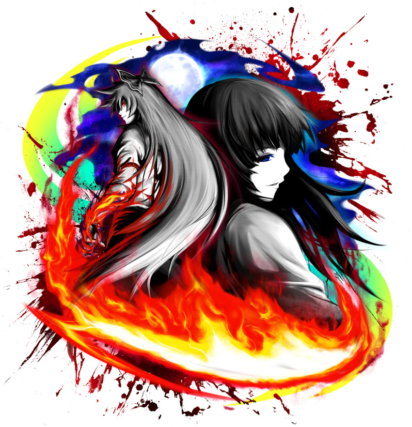 black_hair, blue_eyes, bow, fire, fujiwara_no_mokou, full_moon, hair_bow, highres