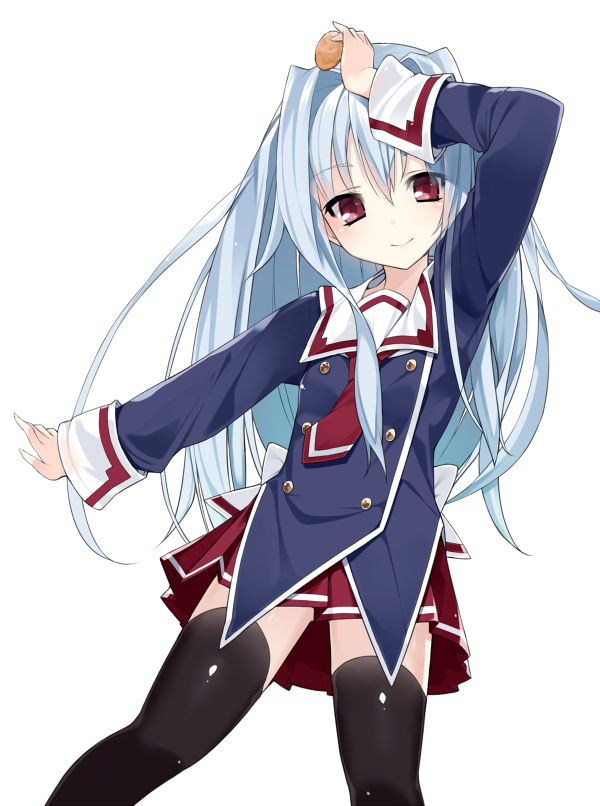 black_legwear, blue_hair, buttons, cube_x_cursed_x_curious, fear_kubrick, food, long_hair, looking_at_viewer