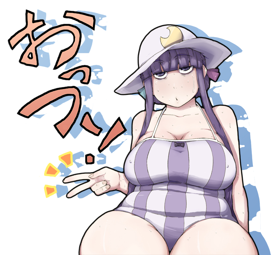 breasts, cleavage, crescent_moon, gogyoo_hiroshi, huge_breasts, moon, one-piece_swimsuit, patchouli_knowledge, plump, purple_eyes, purple_hair, ribbon, solo, sweat, swimsuit, touhou, v, violet_eyes