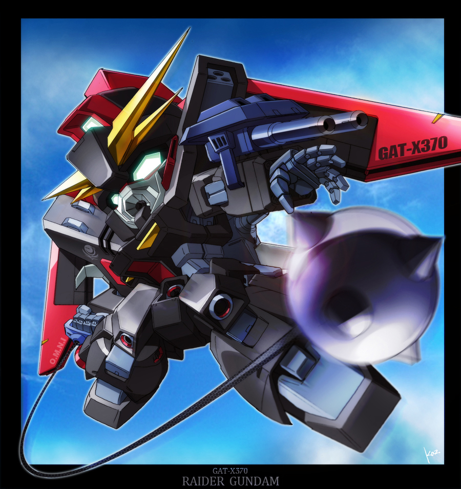 blue_sky, border, chibi, gun, gundam, gundam_seed, kaz_(kaz323), mecha