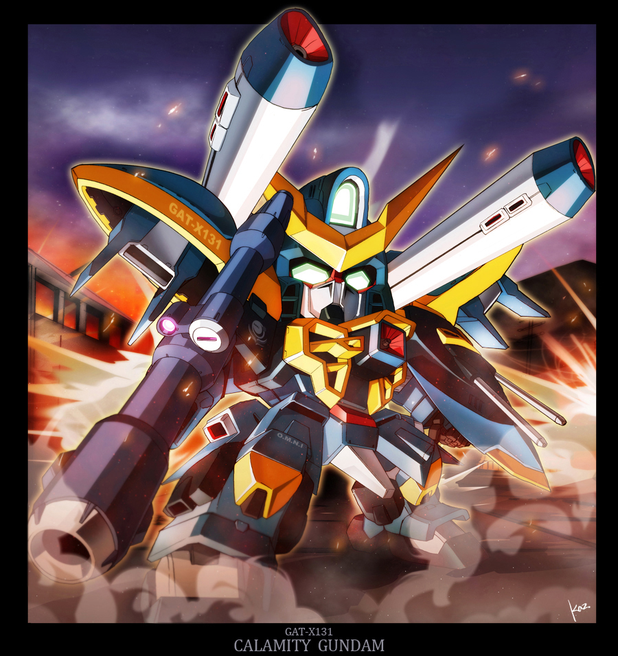 beam_rifle, border, calamity_gundam, cannon, chibi, clenched_hand, embers, fist