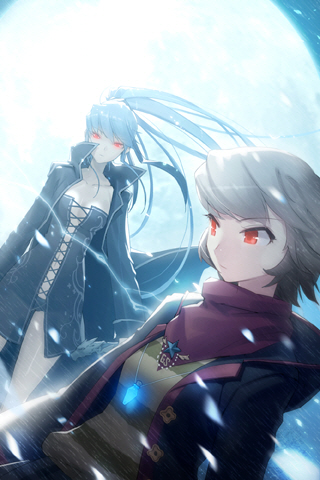 beong-eoli, blue_hair, breasts, brown_hair, cleavage, coat, fingerless_gloves, gloves