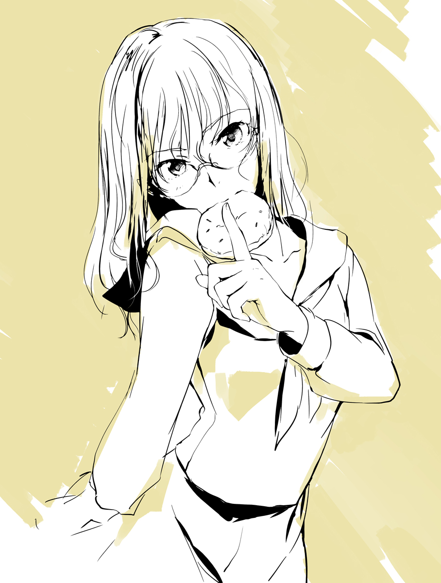 2ma, finger_to_mouth, food_in_mouth, glasses, head_tilt, highres, long_hair, monochrome, mouth_hold, original, school_uniform, sepia, serafuku, shushing, sketch, solo, takeshima_satoshi