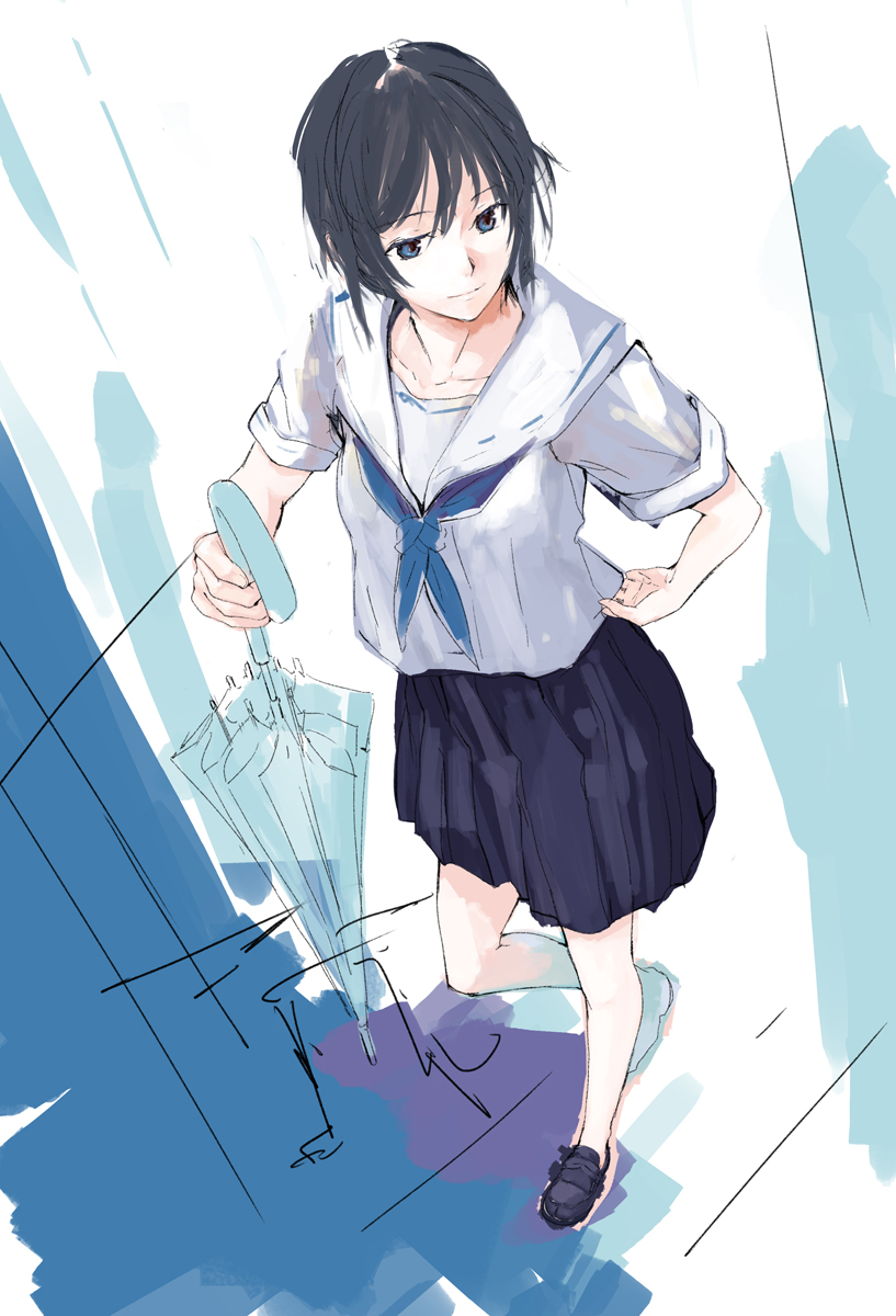 black_hair, blue_eyes, closed_umbrella, foreshortening, from_above, highres, original, school_uniform