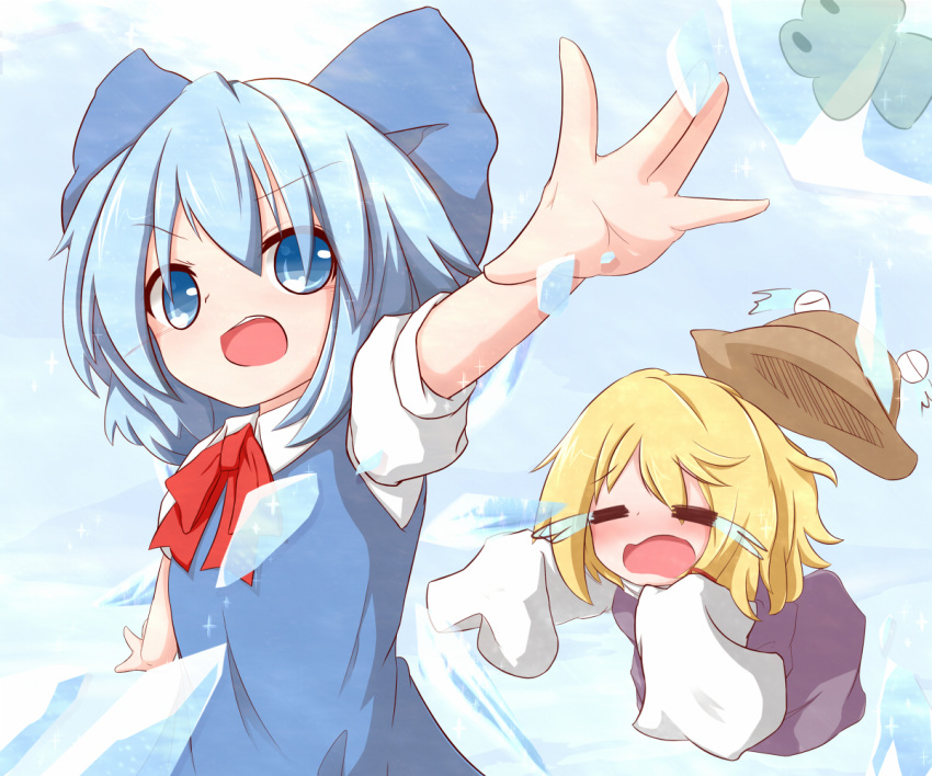 blonde_hair, blue_dress, blue_eyes, blue_hair, bow, chibi, cirno, closed_eyes