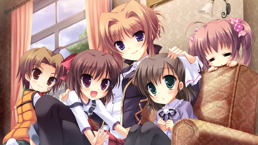 brown_hair, chibi, chisha, game_cg, long_hair, midori_no_umi, miyuki_(midori_no_umi), orange_hair, pink_hair, shiraha_(midori_no_umi), short_hair, takuma_(midori_no_umi), tsumugi_(midori_no_umi), twintails, yukie_(peach_candy)